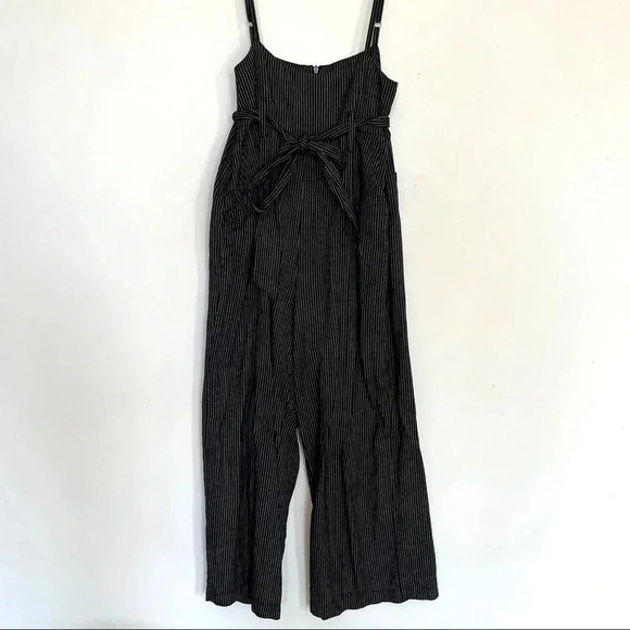 Pin Stripe Belted Cropped Overalls Black White Bow Spaghetti Strap Adjustable - Picture 5 of 11